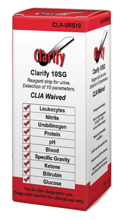 Clarify Urine Reagent Strips, 10SG, CLIA Waived, Visual Read Only, Tests for: Leukocytes, Nitrite, Urobilinogen, Protein, pH, Blood, Specific Gravity, Ketone, Bilirubin, &amp; Glucose, 100 strips/bx (Item is Non-Returnable)