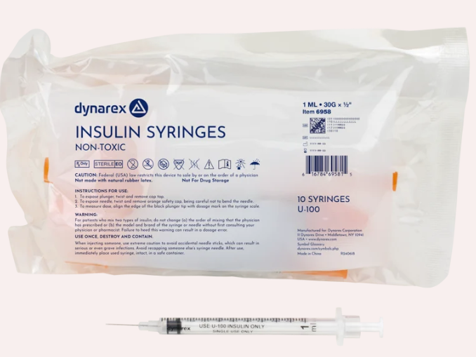Insulin Syringe - Non-Toxic, 30G, 1/2 Needle, 1 cc, 5/100/cs