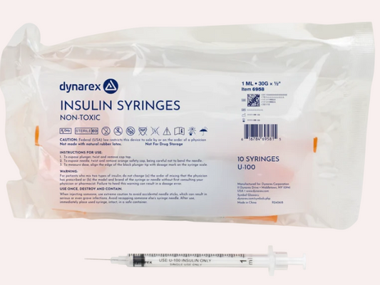 Dynarex Insulin Syringe - Non-Toxic, 30G, 1/2 Needle, 1 cc, 100 ct